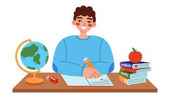 Cute school boy sitting at desk and writing on lesson. Flat vector illustration on white background.