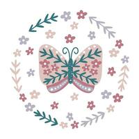Butterfly flowers and herbs round composition vector