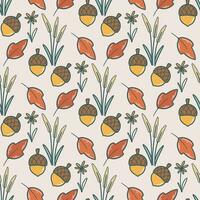 Cozy autumn seamless pattern with acorns, flowers and herbs vector