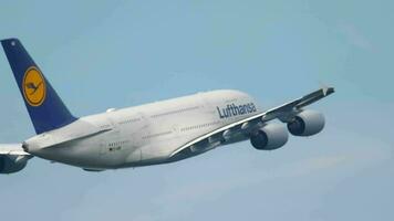 FRANKFURT AM MAIN, GERMANY JULY 17, 2017 - Lufthansa Airbus A380 D AIMG named Wien, departure at runway 25C. Fraport, Frankfurt, Germany video
