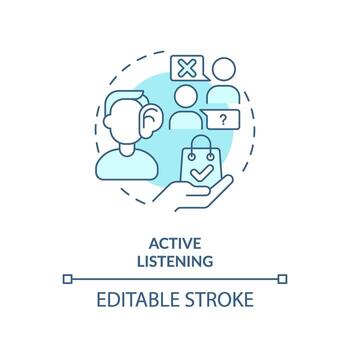 Active listening soft blue concept icon. Good listener. Pay attention. Selling skill. Sales professional. Deal closing. Round shape line illustration. Abstract idea. Graphic design. Easy to use vector