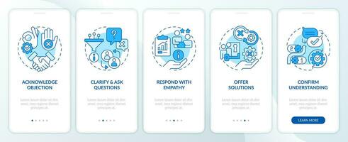 Objection handling process blue onboarding mobile app screen. Sales script walkthrough 5 steps editable graphic instructions with linear concepts. UI, UX template vector