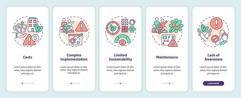 2D thin line icons representing sustainable office mobile app screen set. 5 steps graphic instructions, UI, UX, GUI template. vector