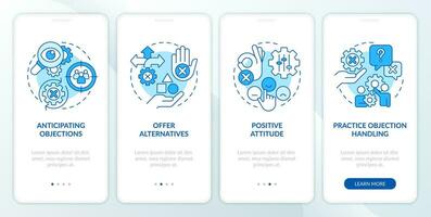 Objection handling methods blue onboarding mobile app screen. Sales skill walkthrough 4 steps editable graphic instructions with linear concepts. UI, UX template vector