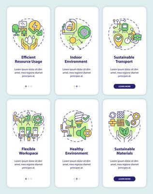 2D icons representing sustainable office mobile app screen set. Walkthrough 3 steps multicolor graphic instructions with thin line icons concept, UI, UX, GUI template.