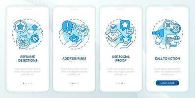 Objection handling techniques blue onboarding mobile app screen. Sales pitch walkthrough 4 steps editable graphic instructions with linear concepts. UI template vector