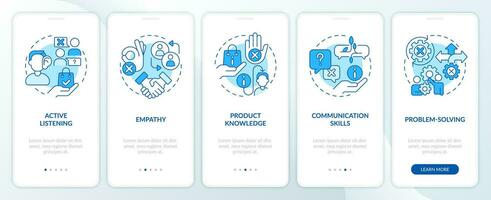 Salesperson essential skills blue onboarding mobile app screen. Sales rep walkthrough 5 steps editable graphic instructions with linear concepts. UI, UX template vector