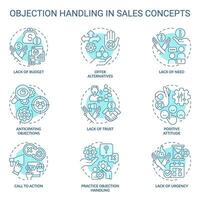 Objection handling in sales soft blue concept icons. Negotiation strategy. Closing deal. Selling process. Sales technique. Icon pack. Vector images. Round shape illustrations. Abstract idea