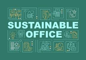 2D sustainable office text concept with various icons on dark monochromatic background, vector illustration.