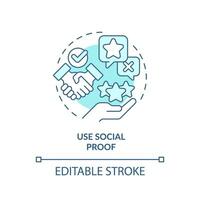 Use social proof soft blue concept icon. Success story. Positive outcome. Client feedback. Sales negotiation. Build trust. Round shape line illustration. Abstract idea. Graphic design. Easy to use vector