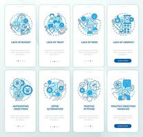 Objection handling blue onboarding mobile app screen set. Closing deal. Walkthrough 4 steps editable graphic instructions with linear concepts. UI, UX template vector