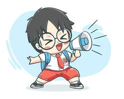 Cute student boy holding megaphone cartoon illustration vector