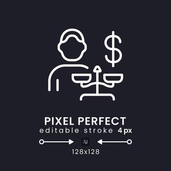 Behavioral economics white linear desktop icon on black. Decision making psychology. Nudge theory. Pixel perfect 128x128, outline 4px. Isolated user interface symbol for dark theme. Editable stroke vector