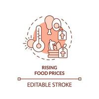 Editable rising food prices icon representing heatflation concept, isolated vector, thin line illustration of global warming impact. vector