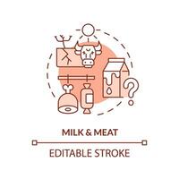 Editable milk and meat icon representing heatflation concept, isolated vector, thin line illustration of global warming impact. vector