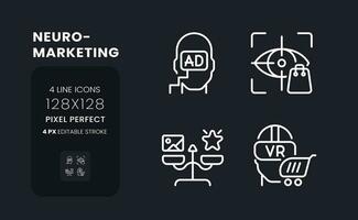 Neuromarketing white linear desktop icons on black. Consumer neuroscience. Advertising message. Pixel perfect 128x128, outline 4px. Isolated interface symbols pack for dark mode. Editable stroke vector