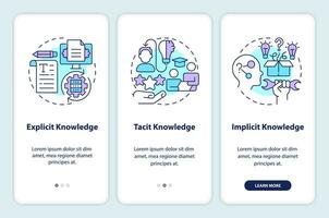 2d lineal íconos representando conocimiento administración móvil aplicación pantalla colocar. 3 pasos gráfico instrucciones, ui, ux, gui modelo. vector