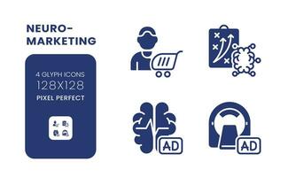 Neuro marketing black solid desktop icons pack. Neuromarketing research. Cognitive science. Pixel perfect 128x128, outline 4px. Symbols on white space. Glyph pictograms. Isolated vector images