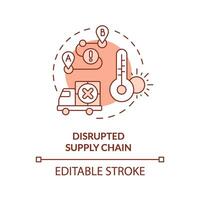 Editable disrupted supply chain icon representing heatflation concept, isolated vector, linear illustration of global warming impact. vector