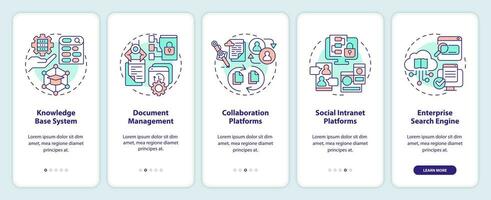 2D colorful thin line icons representing knowledge management mobile app screen set. 5 steps graphic instructions, UI, UX, GUI template. vector