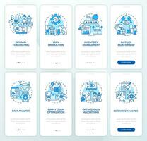 2D icons representing overproduction mobile app screen set. Walkthrough 4 steps blue graphic instructions with thin line icons concept, UI, UX, GUI template. vector