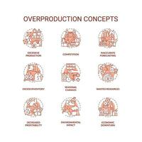 2D editable red icons set representing overproduction concepts, isolated vector, thin line colorful illustration. vector