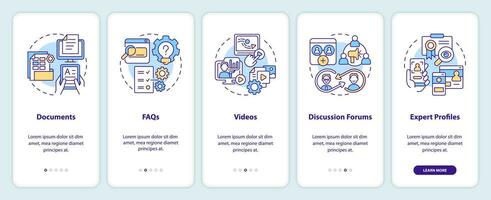 2D multicolor linear icons representing knowledge management mobile app screen set. 5 steps graphic instructions, UI, UX, GUI template. vector