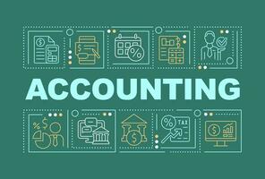 Accounting word concepts dark green banner. Financial managment. Infographics with editable icons on color background. Isolated typography. Vector illustration with text