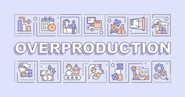 Overproduction text with various line icons on purple monochromatic background, 2D vector illustration.