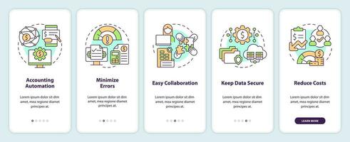 Accounting software benefits onboarding mobile app screen. Walkthrough 5 steps editable graphic instructions with linear concepts. UI, UX, GUI template vector