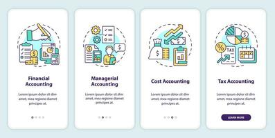 Financial accounting onboarding mobile app screen. Walkthrough 4 steps editable graphic instructions with linear concepts. UI, UX, GUI template vector