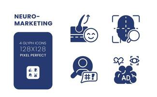 Neuromarketing black solid desktop icons pack. Marketing research. Customers preferences. Pixel perfect 128x128, outline 4px. Symbols on white space. Glyph pictograms. Isolated vector images
