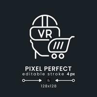 Virtual reality white linear desktop icon on black. Marketing strategy. Brand engagement. Pixel perfect 128x128, outline 4px. Isolated user interface symbol for dark theme. Editable stroke vector