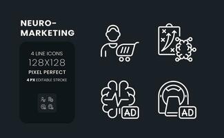 Neuro marketing white linear desktop icons on black. Neuromarketing research. Cognitive science. Pixel perfect 128x128, outline 4px. Isolated interface symbols pack for dark mode. Editable stroke vector