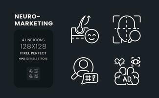 Neuromarketing white linear desktop icons on black. Marketing research. Customers preferences. Pixel perfect 128x128, outline 4px. Isolated interface symbols pack for dark mode. Editable stroke vector