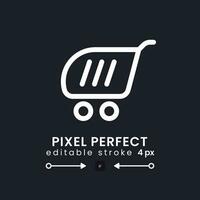 Shopping cart white linear desktop icon on black. Web store. E commerce. Digital marketplace. Pixel perfect, outline 4px. Isolated user interface symbol for dark theme. Editable stroke vector