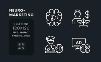 Neuromarketing white linear desktop icons on black. Decision making. Digital marketing. Social media. Pixel perfect 128x128, outline 4px. Isolated interface symbols pack for dark mode. Editable stroke vector