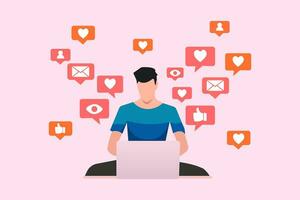 Man with laptop and browsing networks for chatting and getting likes and hearts. Social network online, internet laptop. Vector illustration