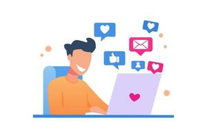 Man with laptop and browsing networks for chatting and getting likes and hearts. Social network online, internet laptop. Vector illustration