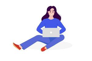 Online education, work at home, business concept, freelancing. Young smiling woman sitting cross-legged with laptop in hand. Cartoon styled vector illustration