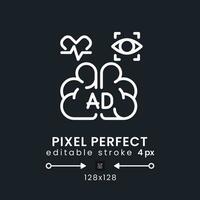 Biometrics white linear desktop icon on black. Ads improvement. Advertising research. Pixel perfect 128x128, outline 4px. Isolated user interface symbol for dark theme. Editable stroke vector