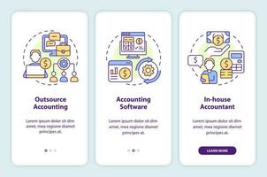 Business accounting management onboarding mobile app screen. Walkthrough 3 steps editable graphic instructions with linear concepts. UI, UX, GUI template vector