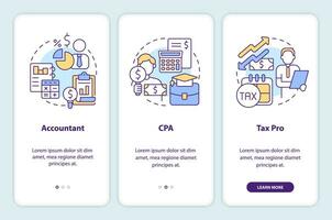 Accounting careers onboarding mobile app screen. Qualifications. Walkthrough 3 steps editable graphic instructions with linear concepts. UI, UX, GUI template vector