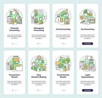 Accounting onboarding mobile app screen set. Types and importance walkthrough 4 steps editable graphic instructions with linear concepts. UI, UX, GUI template vector