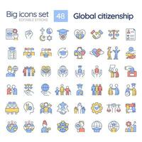 Global citizenship RGB color icons set. Social changes. World citizen. Sustainable development. Isolated vector illustrations. Simple filled line drawings collection. Editable stroke