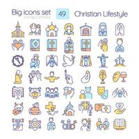 Christian lifestyle RGB color icons set. Religious traditions in modern life. Spiritual practices of worship. Isolated vector illustrations. Simple filled line drawings collection. Editable stroke