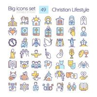 Christian lifestyle RGB color icons set. Religious traditions in modern life. Spiritual practices of worship. Isolated vector illustrations. Simple filled line drawings collection. Editable stroke