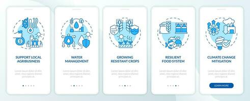 5 steps blue icons representing heatflation solution mobile app screen set. Walkthrough graphic instructions with linear concept, UI, UX, GUI template.. vector