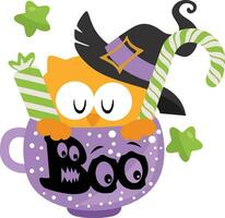 Cup halloween treats or tricks with cute owl vector