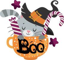 Cup halloween treats or tricks with cute cat vector